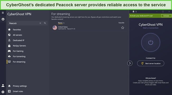 Screenshot of CyberGhost's dedicated streaming server for Peacock US.