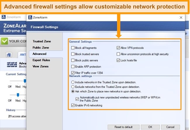 Screenshot of ZoneAlarm's advanced firewall settings.