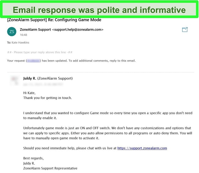 Screenshot of ZoneAlarm's email ticket response to a customer support question.