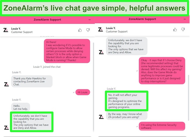 Screenshot of ZoneAlarm's live chat agent answering a question.
