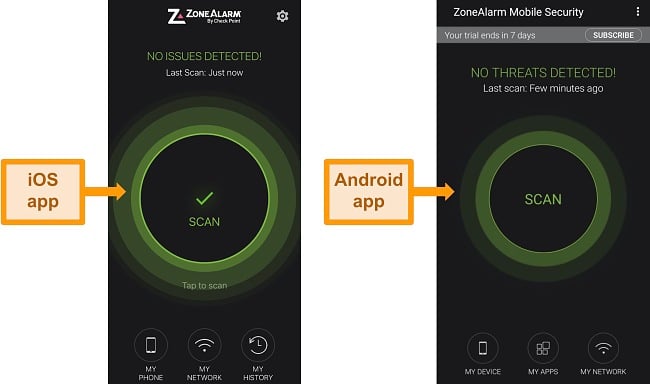 Screenshot of ZoneAlarm's Android and iOS apps.