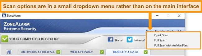Screenshot of ZoneAlarm's virus scan feature location.