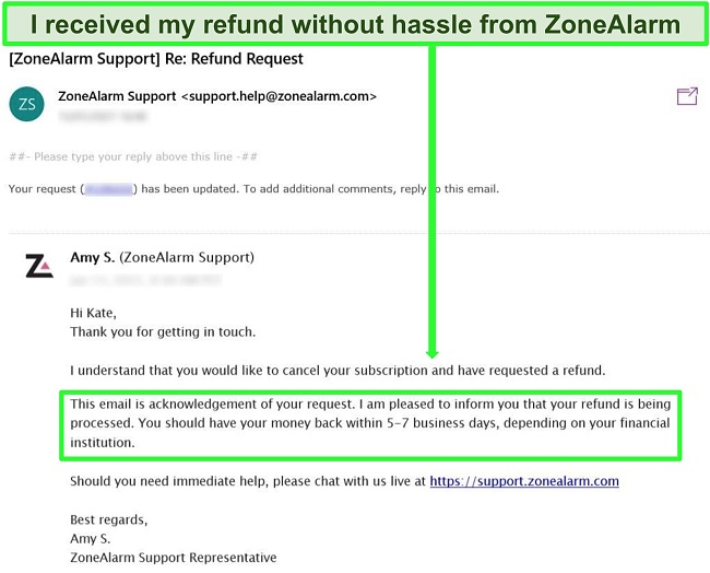 Screenshot of an email response from ZoneAlarm accepting the refund request.