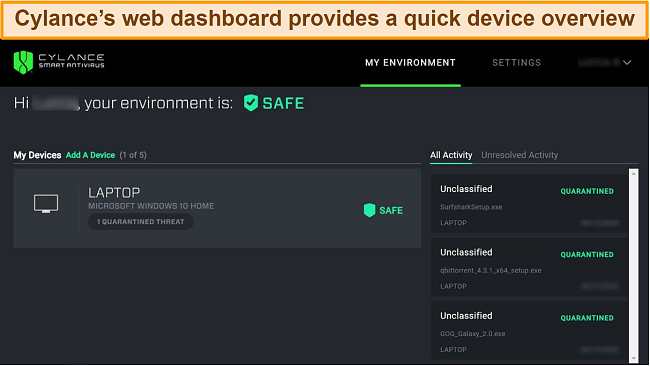 Screenshot of Cylance's web-based dashboard displaying the current safety level of connected devices and which threats have been detected.