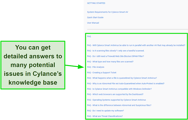 Screenshot of Cylance's knowledge base with FAQs.