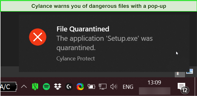 Screenshot of Cylance's malware detection warning. 