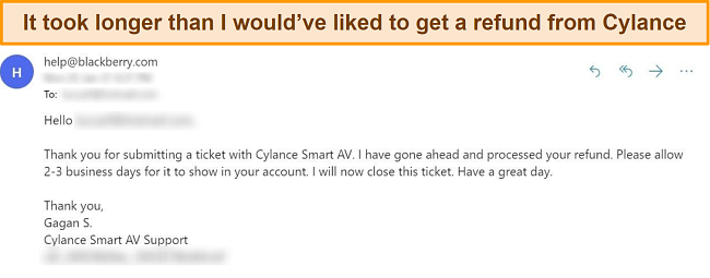 Screenshot of Cylance's email response to a refund request.