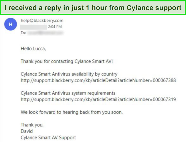 Screenshot of a customer support email from Cylance.