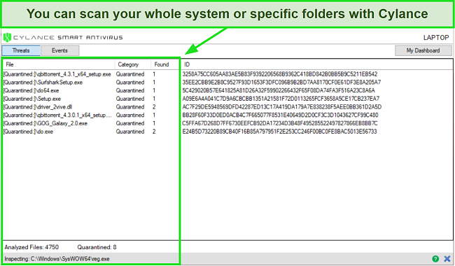 Screenshot of Cylance's system scan and results.