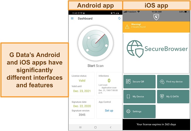 Screenshot of G Data Android and iOS apps