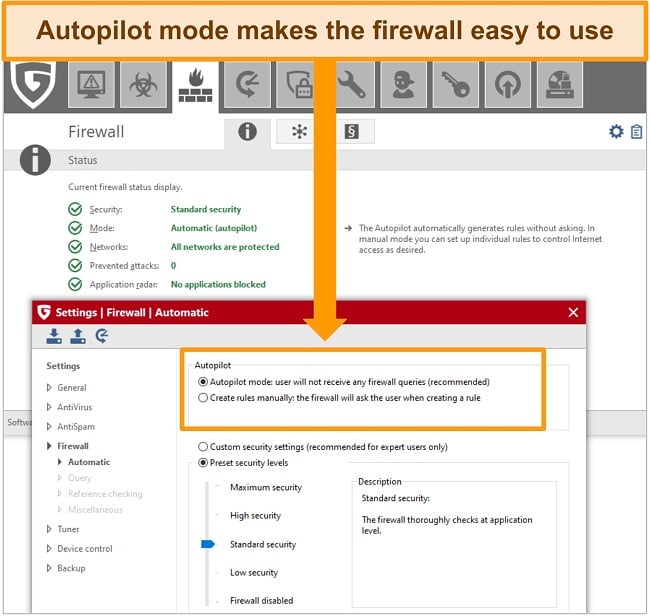 Screenshot of G Data firewall settings