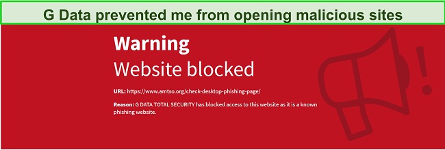 Screenshot of G Data blocking access to a malicious site