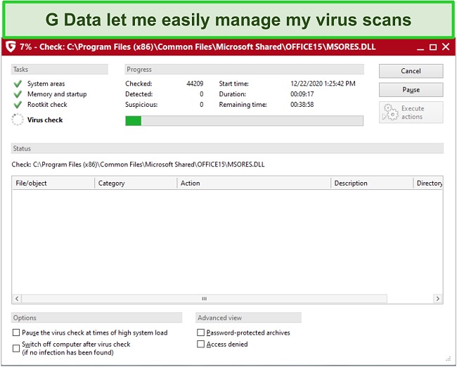 Screenshot of G Data virus scan in progress