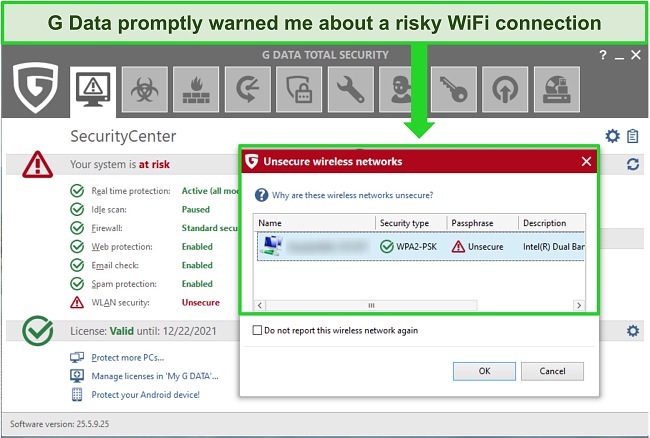 Screenshot of G Data reporting an unsecured WiFi connection
