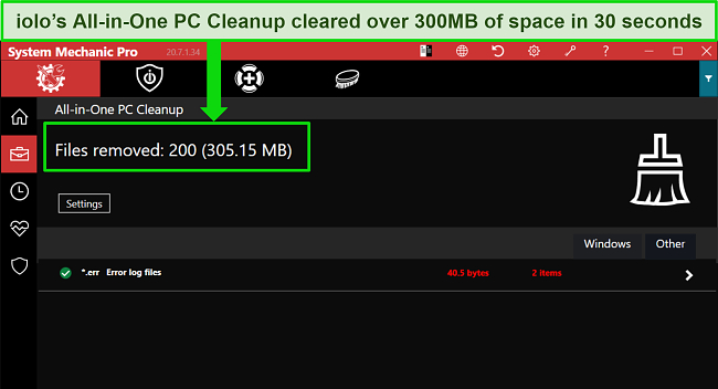 Screenshot of iolo's All-In-One PC Cleanup tool removing more than 300MB of junk files from a PC.