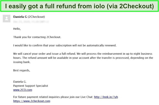 Screenshot of an email from iolo confirming a refund request