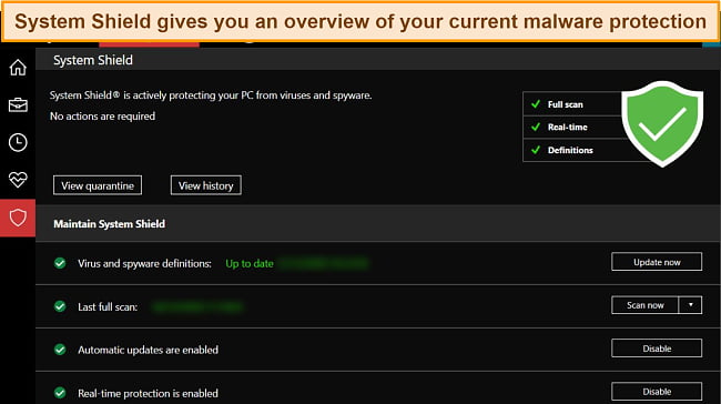 Screenshot of iolo's System Shield feature showing the active malware protection in place.