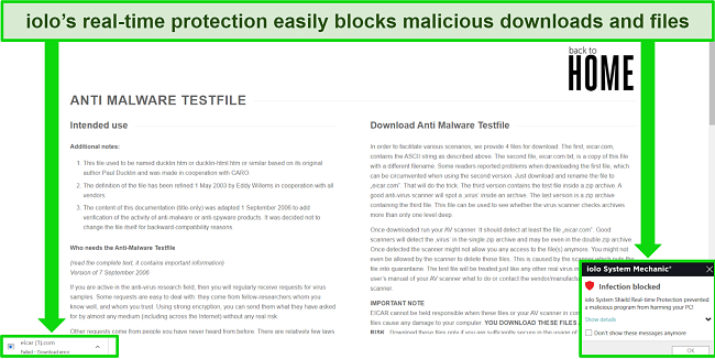 Screenshot of iolo's real-time protection blocking a malicious download