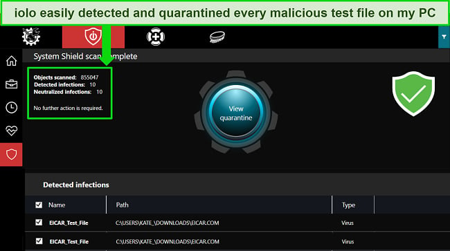 Screenshot of iolo's Windows app showing a completed System Shield scan with several detected test malware files.