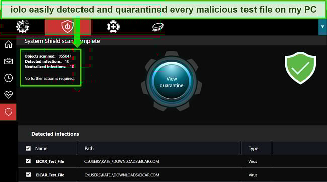 Screenshot of iolo's Windows app showing a completed System Shield scan with several detected test malware files.