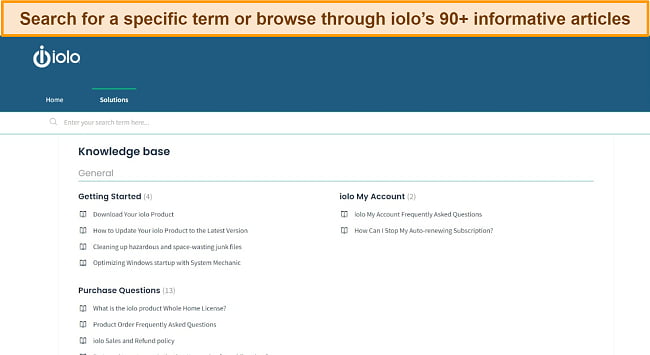 Screenshot of iolo's online knowledge base.