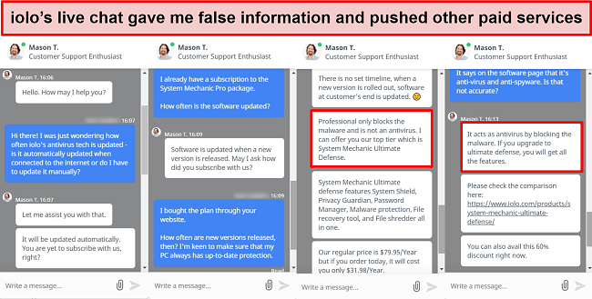 Screenshot of iolo's live chat support with text highlighted to show incorrect information and pushy upselling.