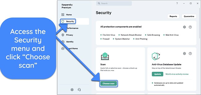 Screenshot showing how to access Kaspersky's available scan options