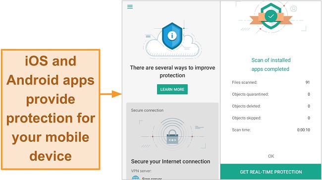 Screenshot of Kaspersky Security Cloud on iOS compared to Android version
