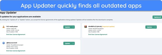 Screenshot of Kaspersky's App Updater scan results