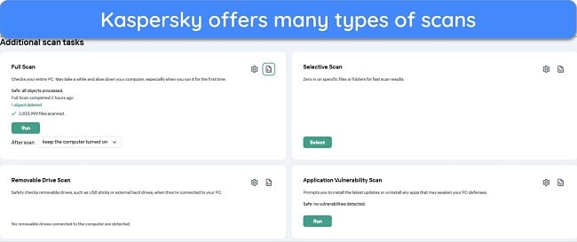 Screenshot of the various scans in Kaspersky's app