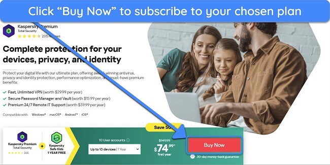 Screenshot showing how to buy your chosen Kaspersky plan