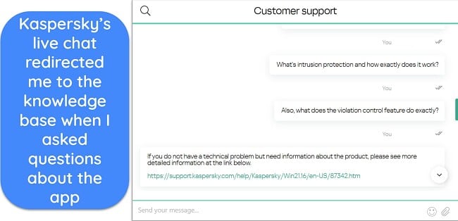 Screenshot of a conversation with Kaspersky's live chat support