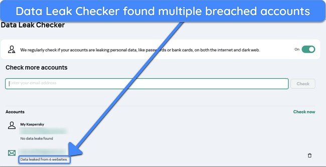 Screenshot of Kaspersky's Data Leak Checker highlighting breached accounts