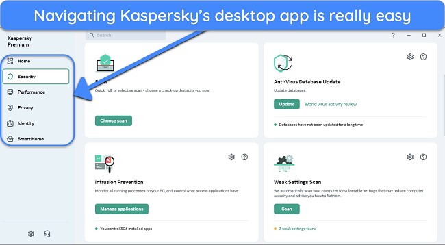 You can easily navigate Kaspersky’s desktop app