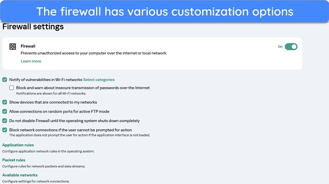  Screenshot of Kaspersky's firewall customization options