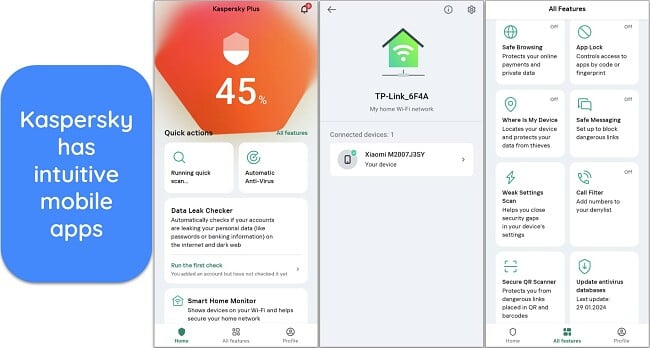 Screenshot of Kaspersky's mobile app interface