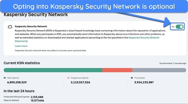 Screenshot showing how to opt into the Kaspersky Security Network
