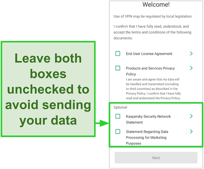 Screenshot of Kaspersky Antivirus mobile app showing data collection opt-out screen on the welcome menu.