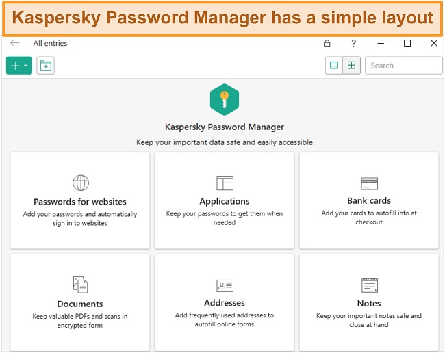 Screenshot of Kaspersky Password Manager application, with the choice to add passwords, bank cards, addresses, and documents.