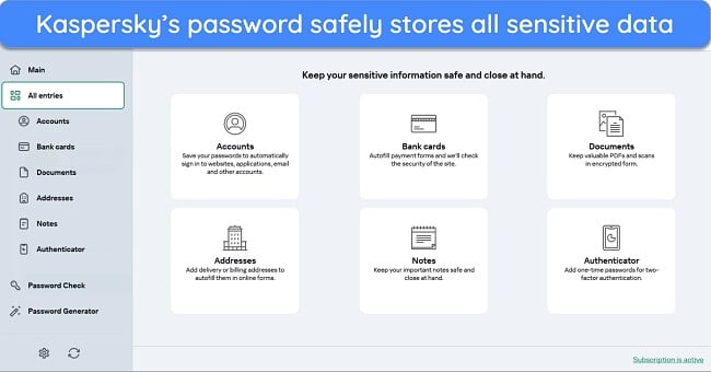 Screenshot of the data Kaspersky's password manager can store