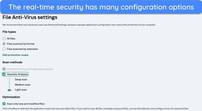 Screenshot of Kaspersky's real-time protection customization options