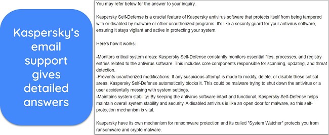 Screenshot of a detailed response from Kaspersky's email support