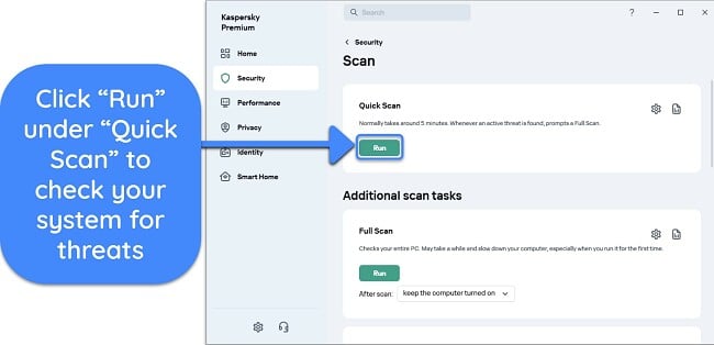 Screenshot showing how to start Kaspersky's Quick Scan