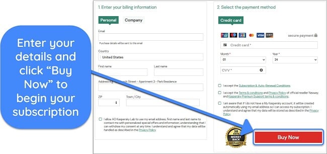  Screenshots howing how to begin your Kaspersky subscription