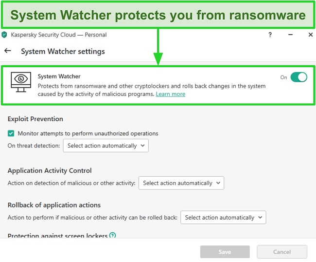 Screenshot of Kaspersky System Watcher settings screen that allows for customization of ransomware protection.