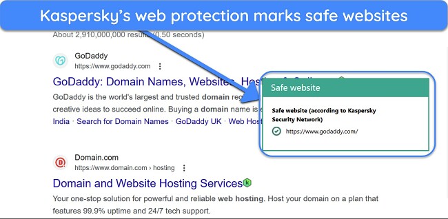Screenshot of Kaspersky's web protection functionality