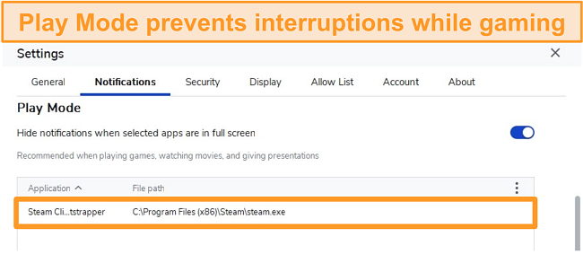 Screenshot of the Malwarebytes antivirus program with Play Mode activated to stop notifications when gaming on apps like Steam