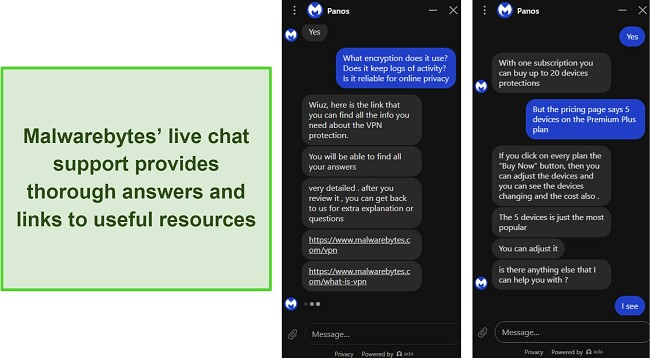 Screenshot of a conversation with Malwarebytes' live chat support