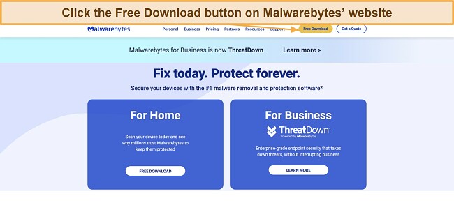 Screenshot showing how to download Malwarebytes' setup for Windows