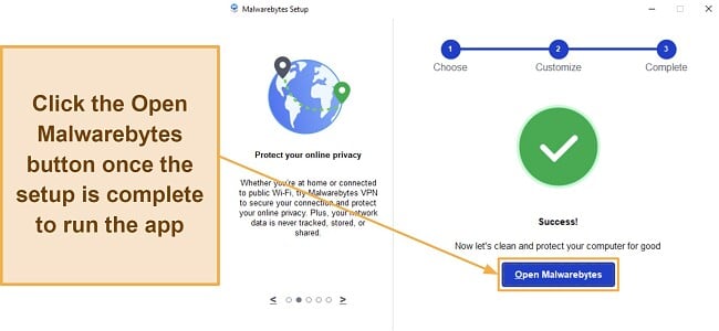 Screenshot showing how to open Malwarebytes once it's installed